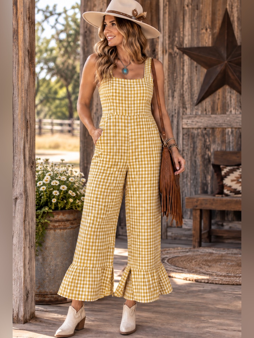 Lucy Paris NWT Yellow Gingham Ruffle Wide Leg Jumpsuit Size S